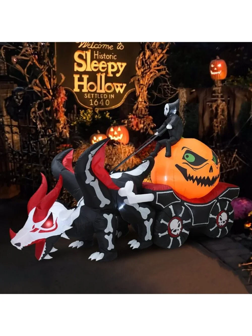 9FT Halloween Inflatable Carriage with Grim Reaper & Skeleton Dragon - LED